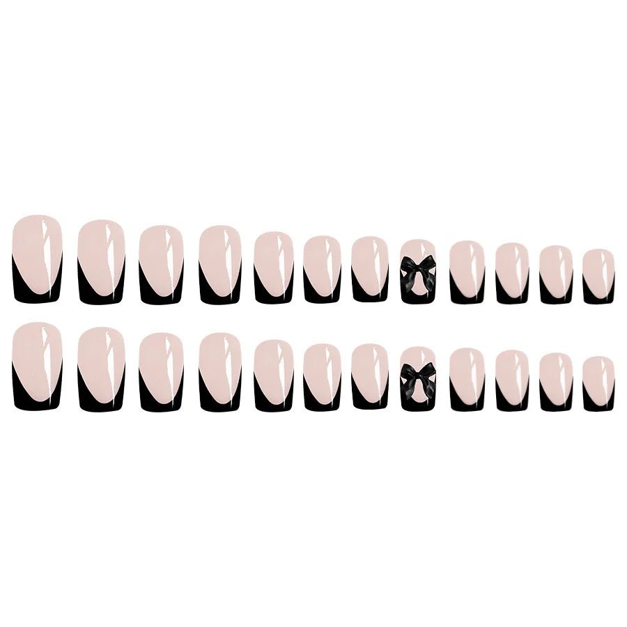 24pcs Press - On Nails — Short Almond Bowknot & French Tip Sweet Nail Set - Mzunye