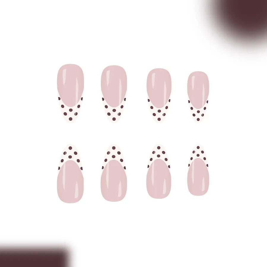 24pcs Sweet French Almond Press - On Nails — White Base with Brown Tips & Dot Details - Mzunye