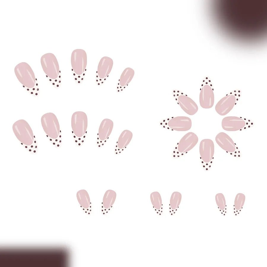 24pcs Sweet French Almond Press - On Nails — White Base with Brown Tips & Dot Details - Mzunye