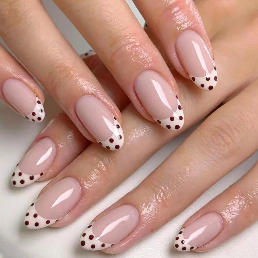 24pcs Sweet French Almond Press - On Nails — White Base with Brown Tips & Dot Details - Mzunye