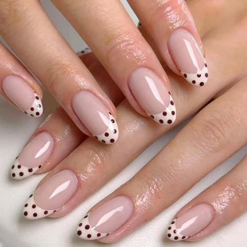24pcs Sweet French Almond Press - On Nails — White Base with Brown Tips & Dot Details - Mzunye