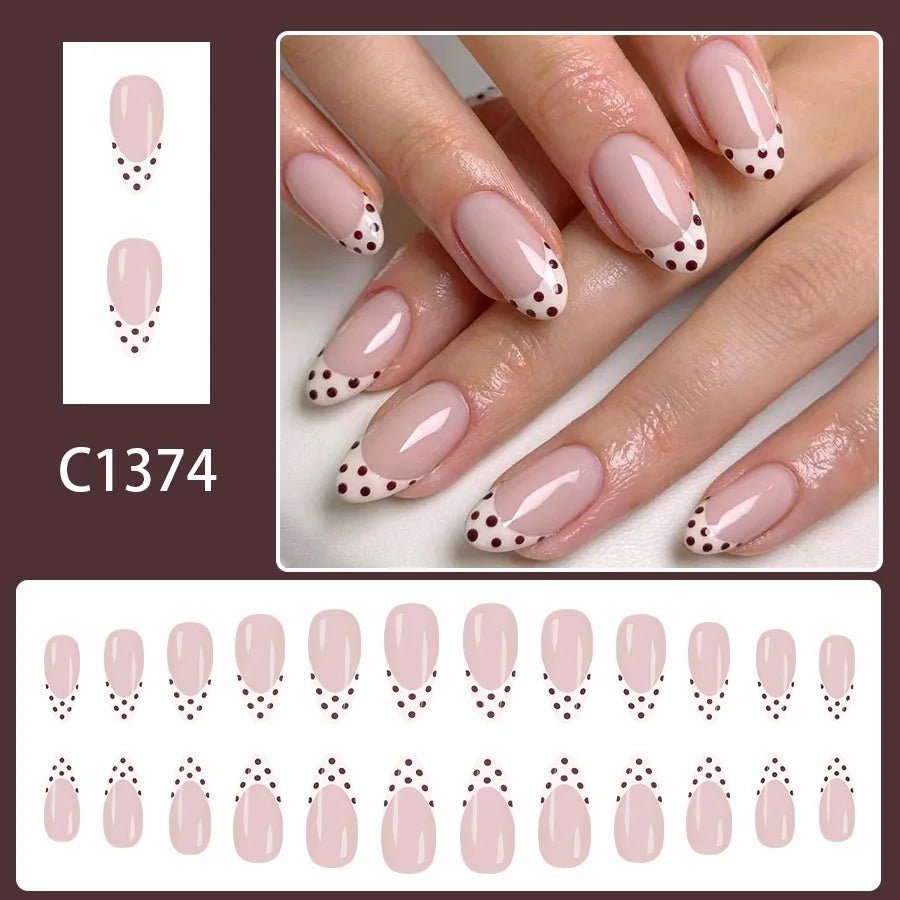 24pcs Sweet French Almond Press - On Nails — White Base with Brown Tips & Dot Details - Mzunye