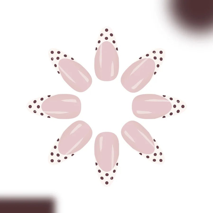 24pcs Sweet French Almond Press - On Nails — White Base with Brown Tips & Dot Details - Mzunye