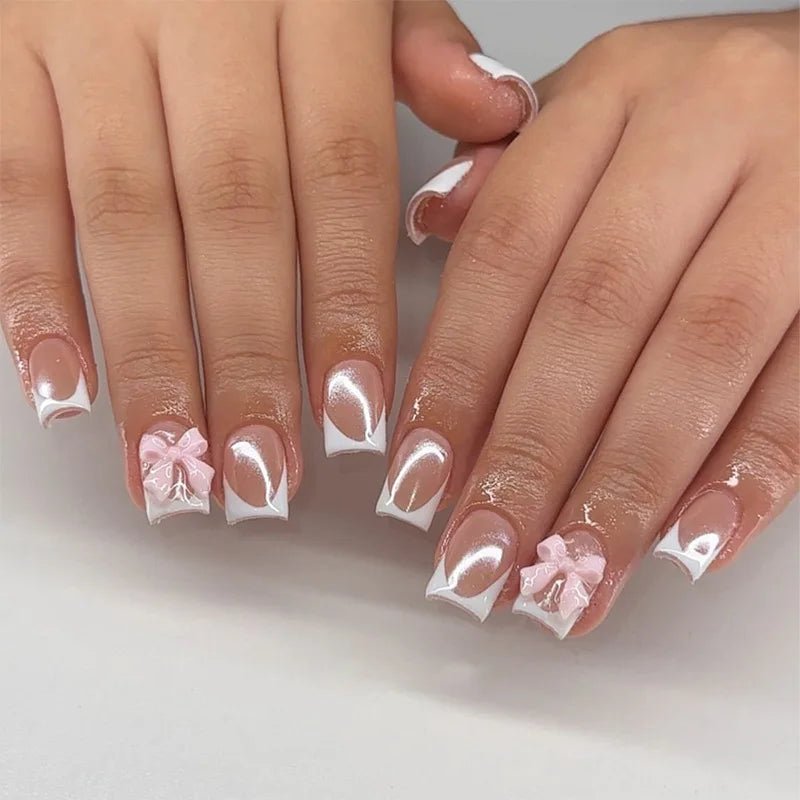 24pcs White French Press - On Nails — 3D Bowknot Full Cover Wearable Fake Nails for Women & Girls - Mzunye