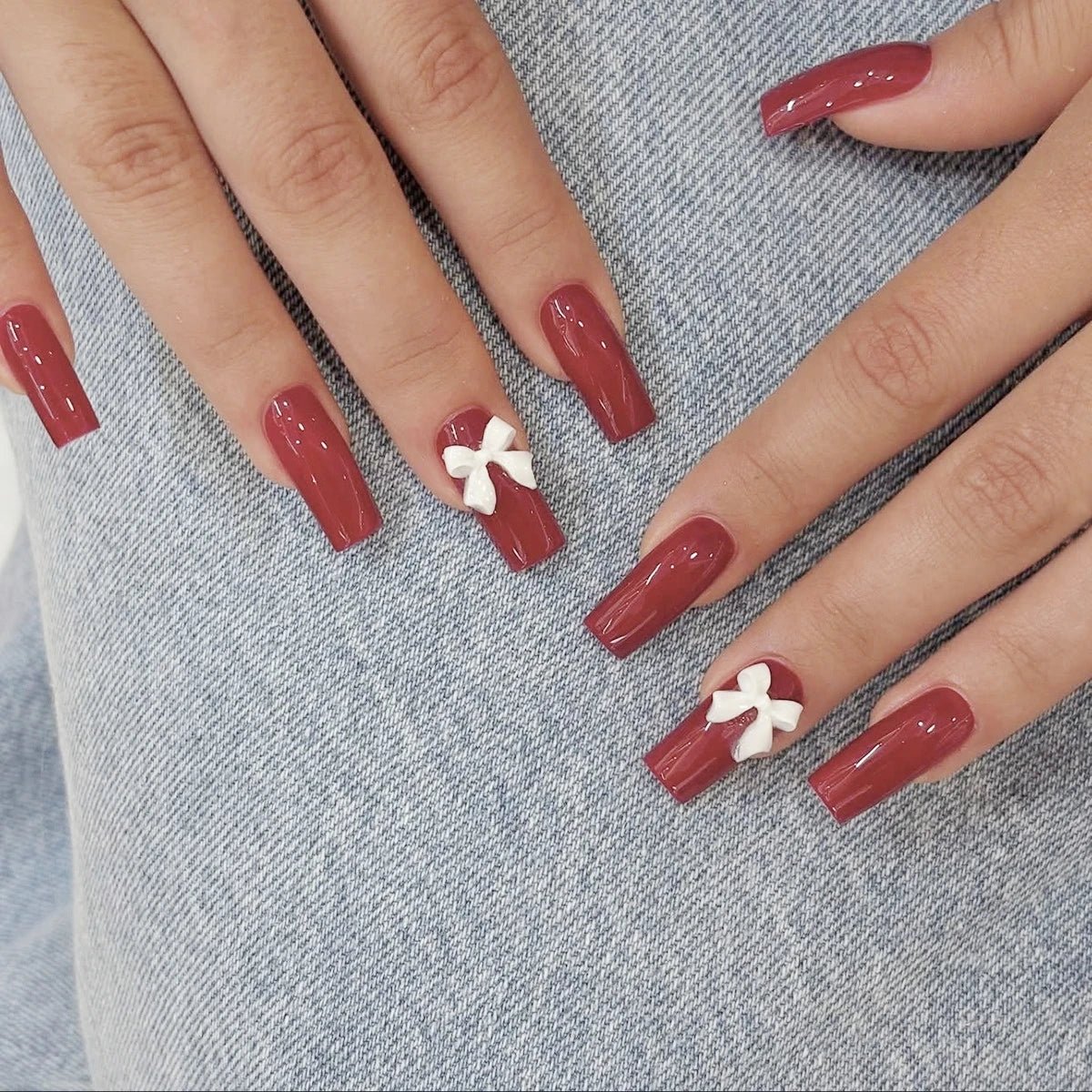 24pcs White French Press - On Nails — 3D Bowknot Full Cover Wearable Fake Nails for Women & Girls - Mzunye