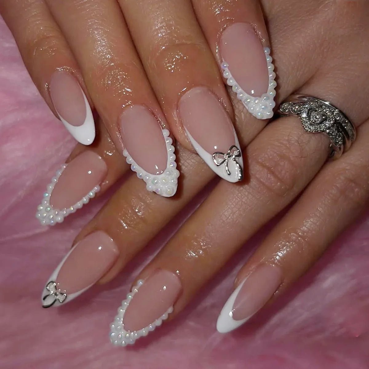 24pcs White French Press - On Nails — 3D Bowknot Full Cover Wearable Fake Nails for Women & Girls - Mzunye