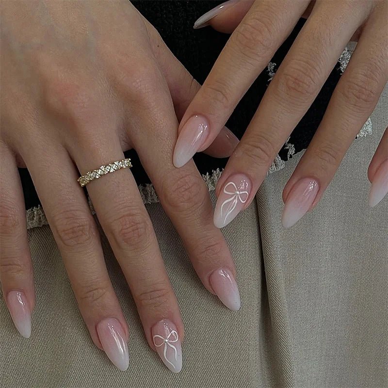 24pcs White French Press - On Nails — 3D Bowknot Full Cover Wearable Fake Nails for Women & Girls - Mzunye