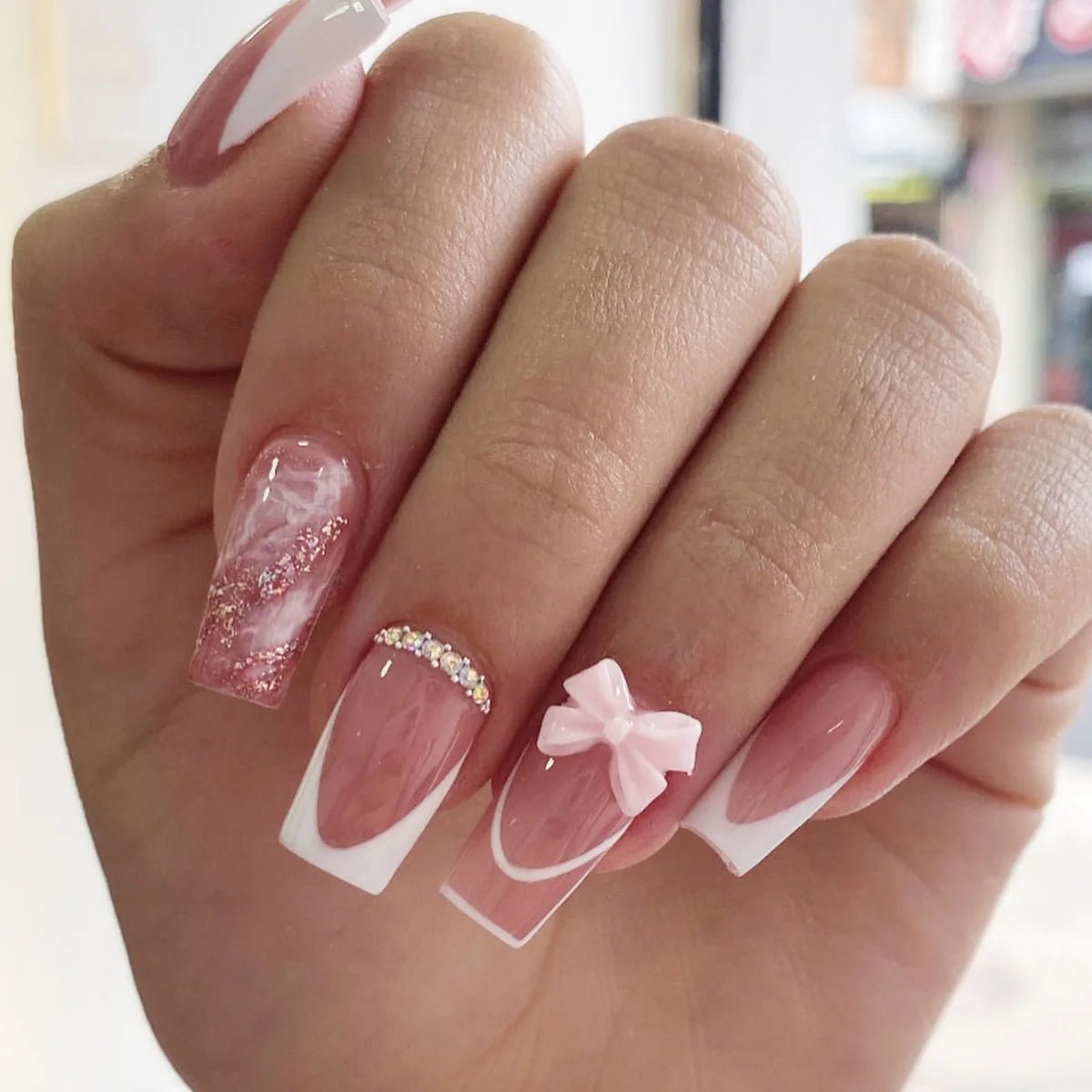 24pcs White French Press - On Nails — 3D Bowknot Full Cover Wearable Fake Nails for Women & Girls - Mzunye