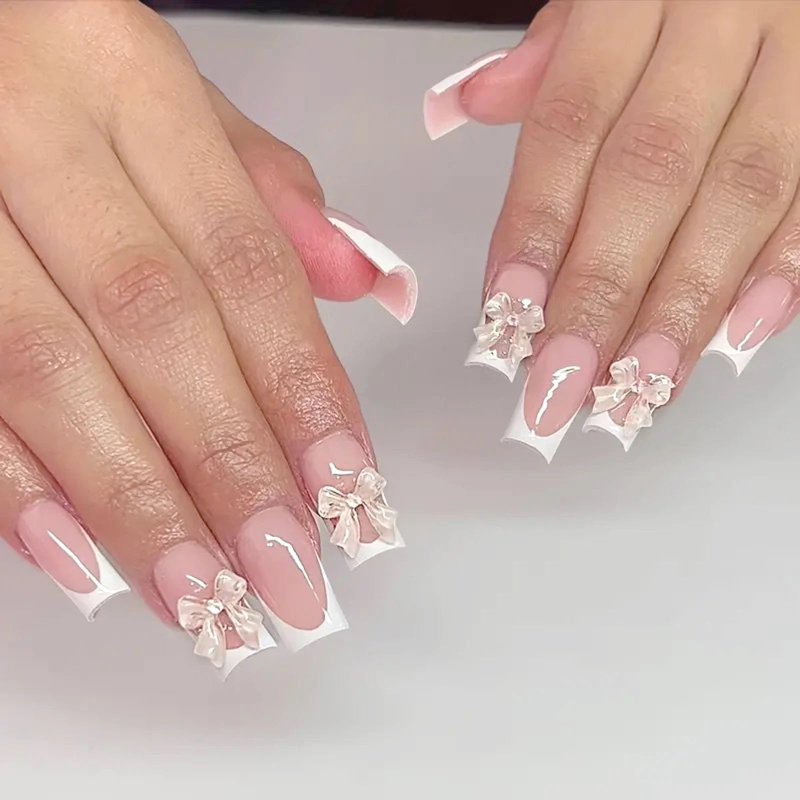 24pcs White French Press - On Nails — 3D Bowknot Full Cover Wearable Fake Nails for Women & Girls - Mzunye