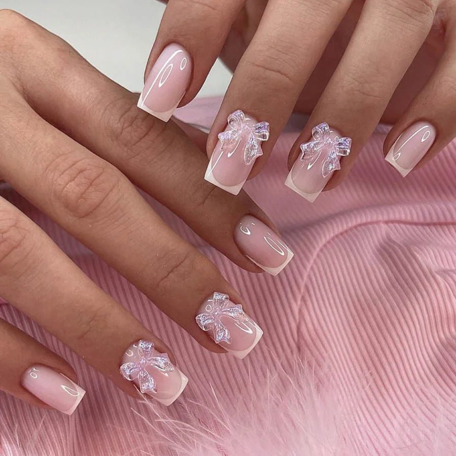 24pcs White French Press - On Nails — 3D Bowknot Full Cover Wearable Fake Nails for Women & Girls - Mzunye