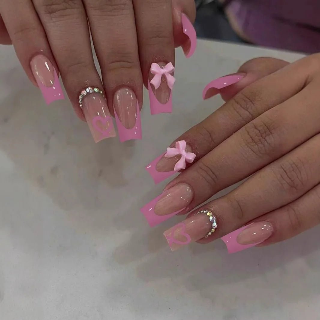 24pcs White French Press - On Nails — 3D Bowknot Full Cover Wearable Fake Nails for Women & Girls - Mzunye