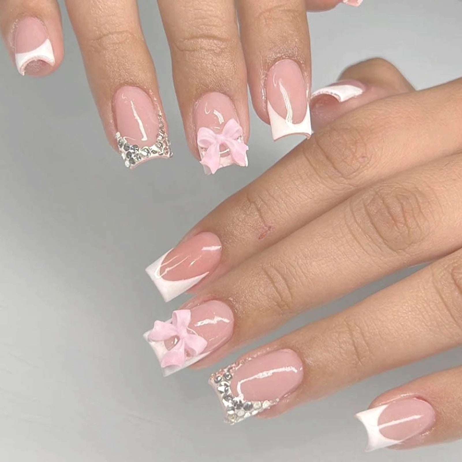 24pcs White French Press - On Nails — 3D Bowknot Full Cover Wearable Fake Nails for Women & Girls - Mzunye