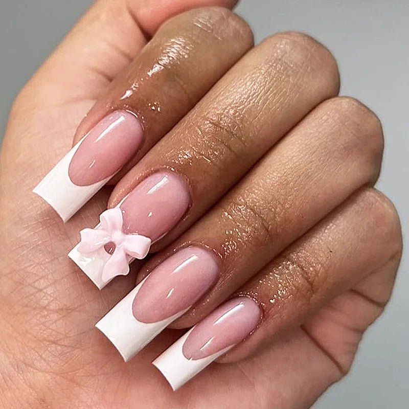24pcs White French Press - On Nails — 3D Bowknot Full Cover Wearable Fake Nails for Women & Girls - Mzunye