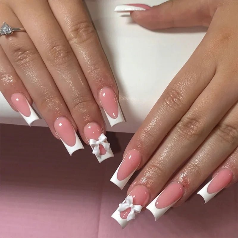 24pcs White French Press - On Nails — 3D Bowknot Full Cover Wearable Fake Nails for Women & Girls - Mzunye