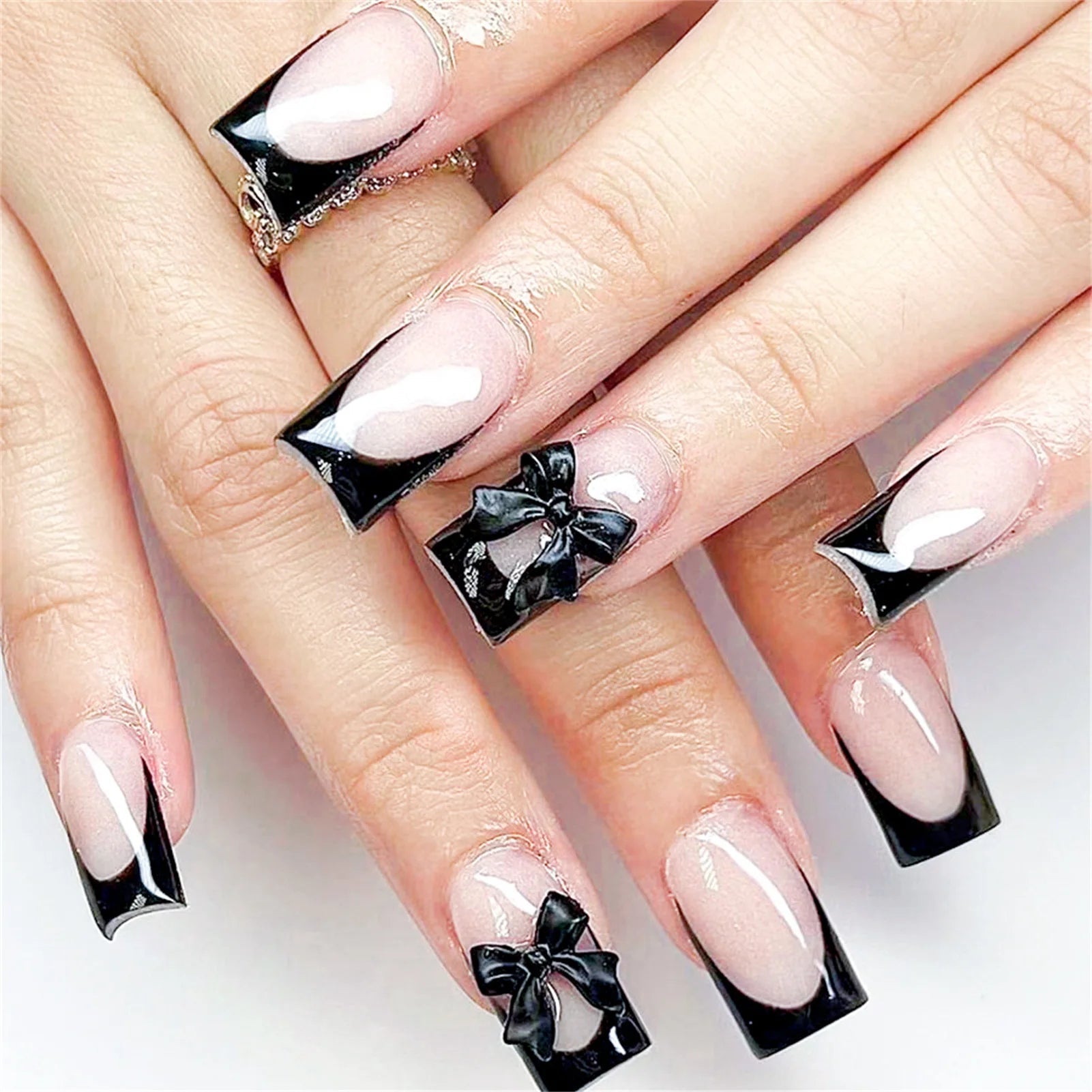24pcs White French Press - On Nails — 3D Bowknot Full Cover Wearable Fake Nails for Women & Girls - Mzunye