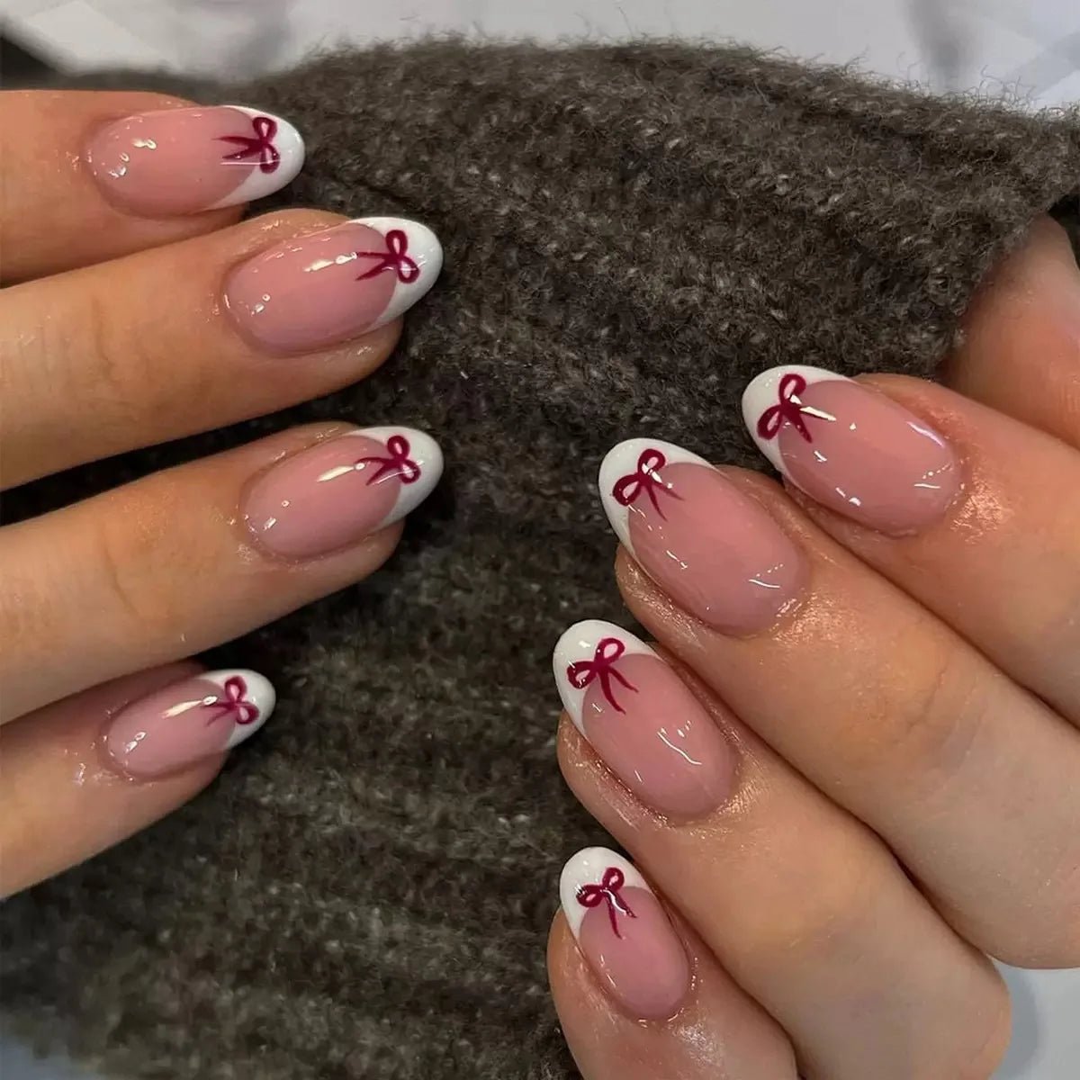 24pcs White French Press - On Nails — 3D Bowknot Full Cover Wearable Fake Nails for Women & Girls - Mzunye