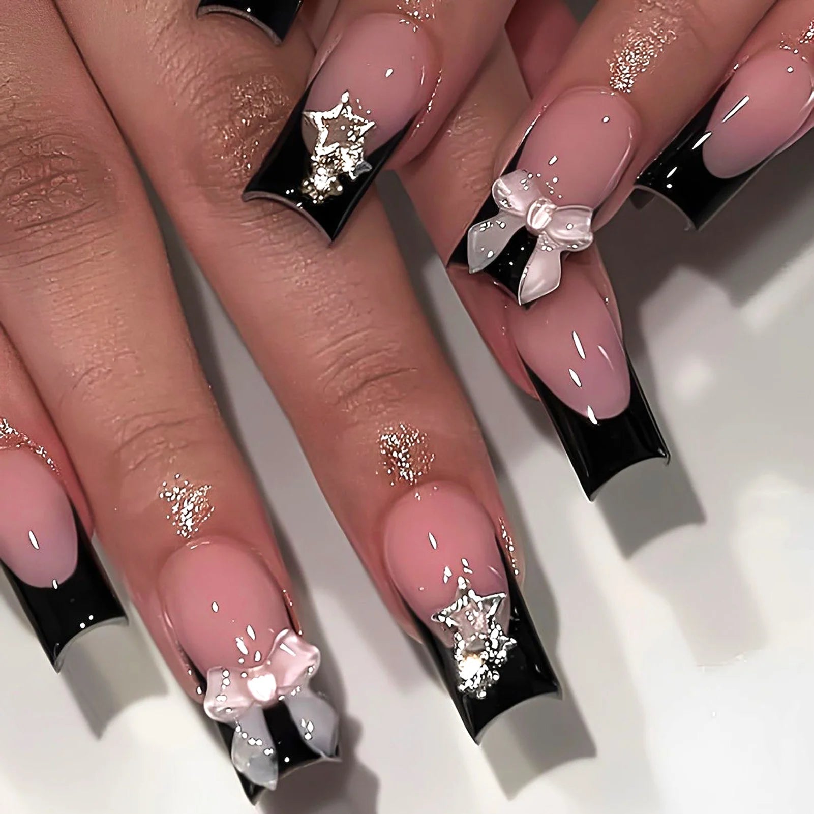 24pcs White French Press - On Nails — 3D Bowknot Full Cover Wearable Fake Nails for Women & Girls - Mzunye