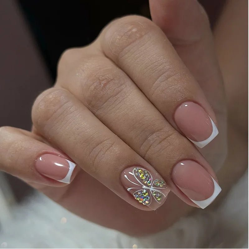 24pcs White French Press - On Nails — 3D Bowknot Full Cover Wearable Fake Nails for Women & Girls - Mzunye