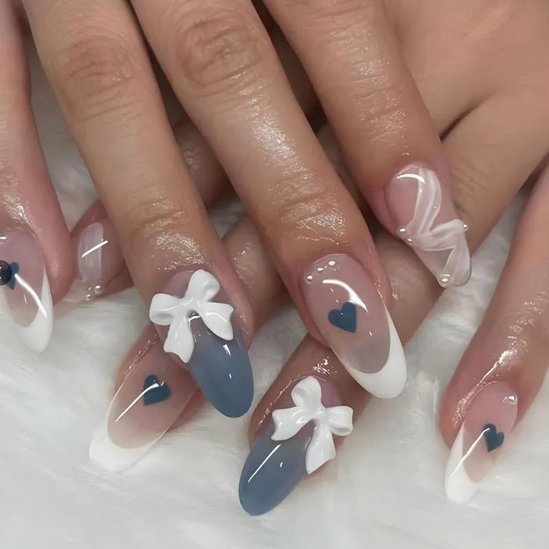 24pcs White French Press - On Nails — 3D Bowknot Full Cover Wearable Fake Nails for Women & Girls - Mzunye