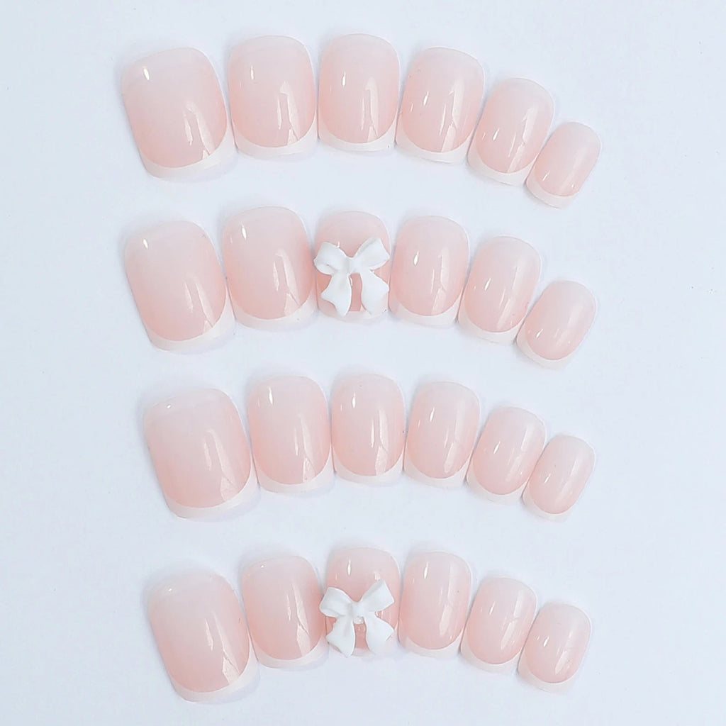 24pcs White French Press - On Nails — 3D Bowknot Full Cover Wearable Fake Nails for Women & Girls - Mzunye