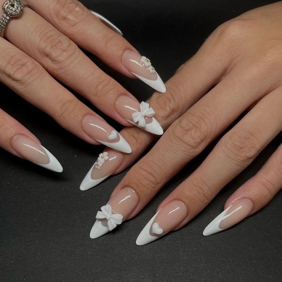 24pcs White French Press - On Nails — 3D Bowknot Full Cover Wearable Fake Nails for Women & Girls - Mzunye