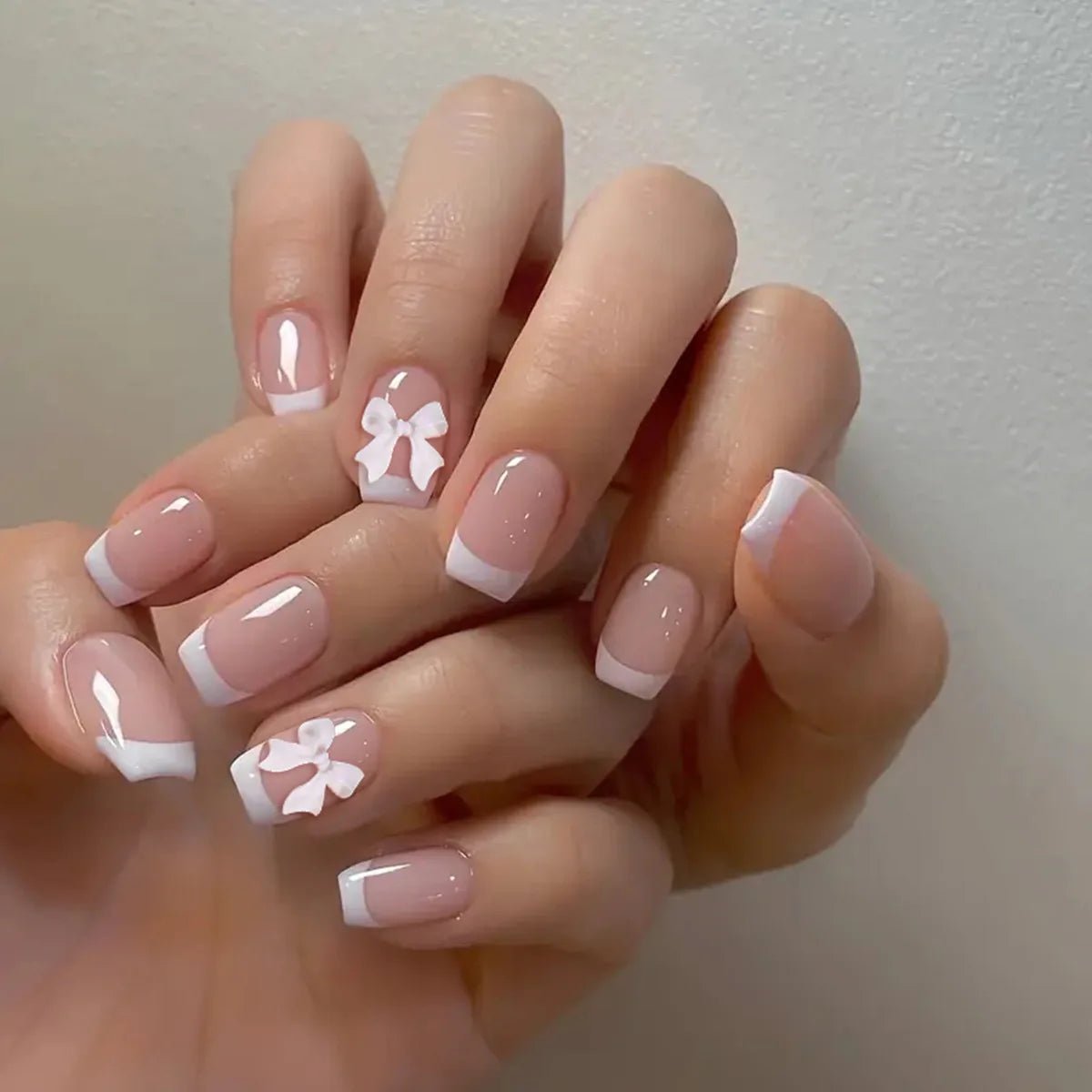 24pcs White French Press - On Nails — 3D Bowknot Full Cover Wearable Fake Nails for Women & Girls - Mzunye