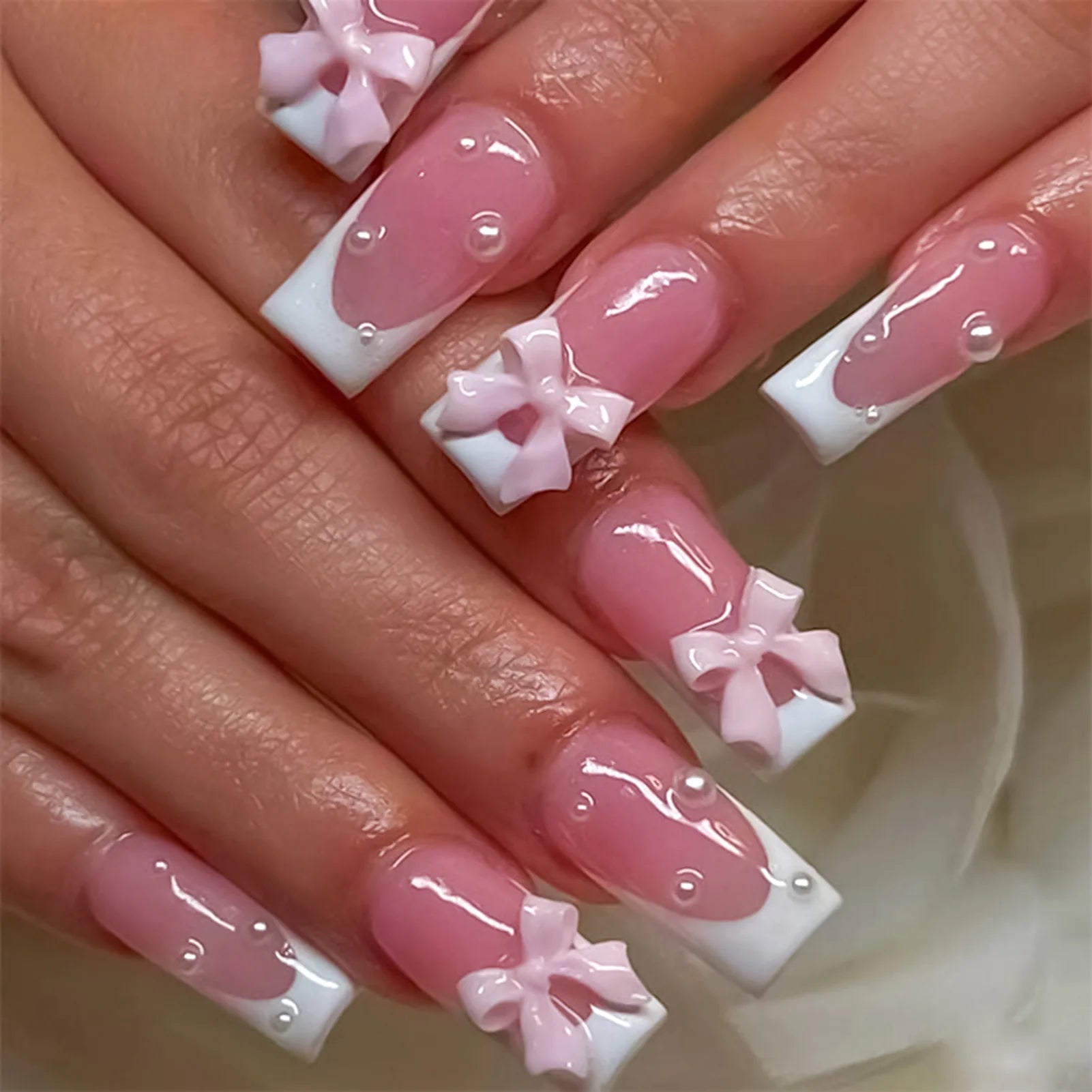 24pcs White French Press - On Nails — 3D Bowknot Full Cover Wearable Fake Nails for Women & Girls - Mzunye