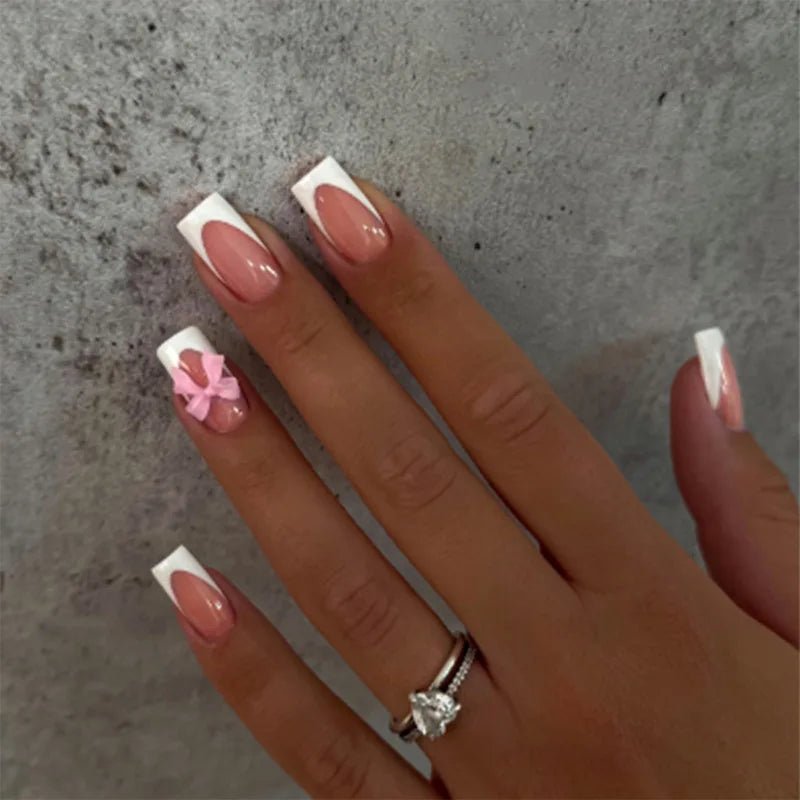 24pcs White French Press - On Nails — 3D Bowknot Full Cover Wearable Fake Nails for Women & Girls - Mzunye