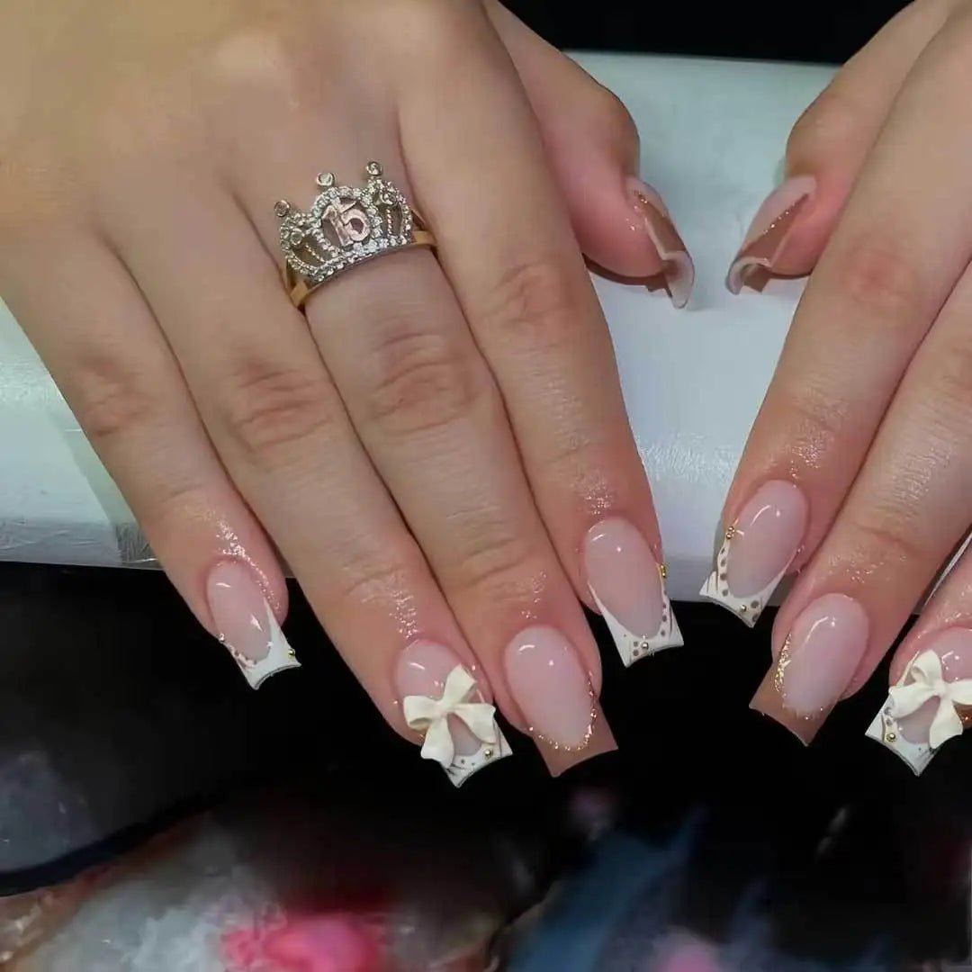 24pcs White French Press - On Nails — 3D Bowknot Full Cover Wearable Fake Nails for Women & Girls - Mzunye