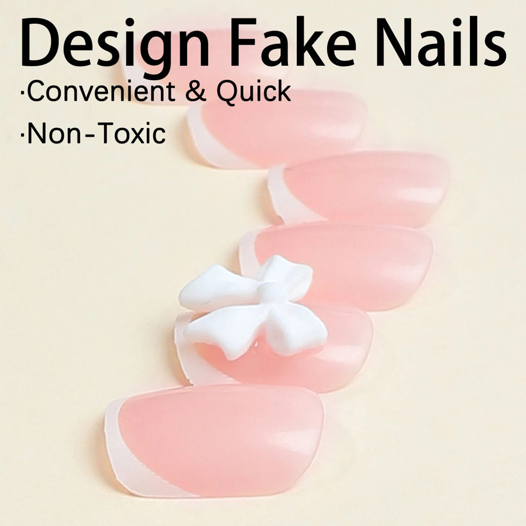 24pcs White French Press - On Nails — 3D Bowknot Full Cover Wearable Fake Nails for Women & Girls - Mzunye