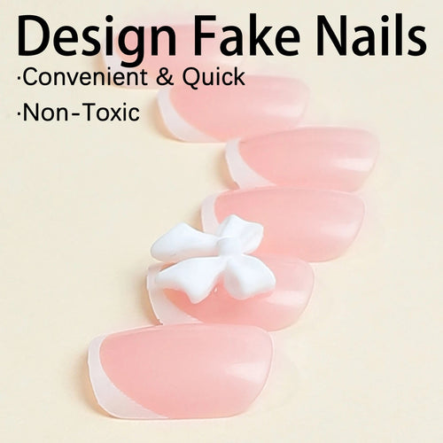 24pcs White French Press - On Nails — 3D Bowknot Full Cover Wearable Fake Nails for Women & Girls - Mzunye