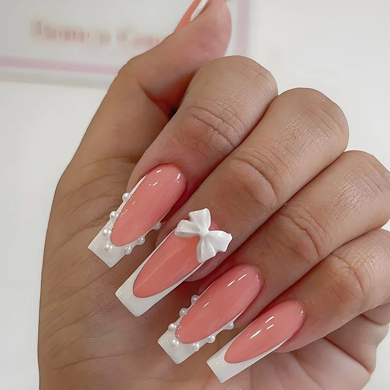 24pcs White French Press - On Nails — 3D Bowknot Full Cover Wearable Fake Nails for Women & Girls - Mzunye