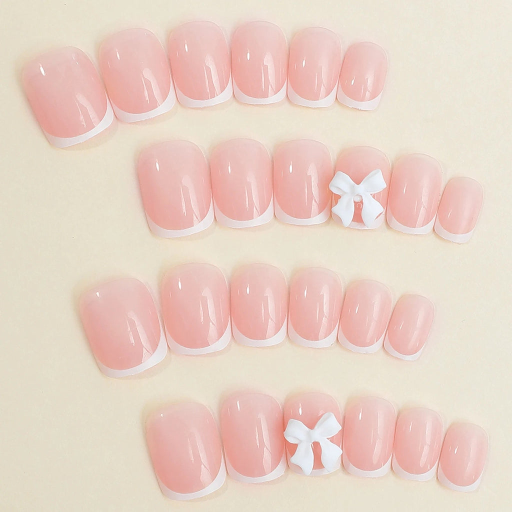 24pcs White French Press - On Nails — 3D Bowknot Full Cover Wearable Fake Nails for Women & Girls - Mzunye