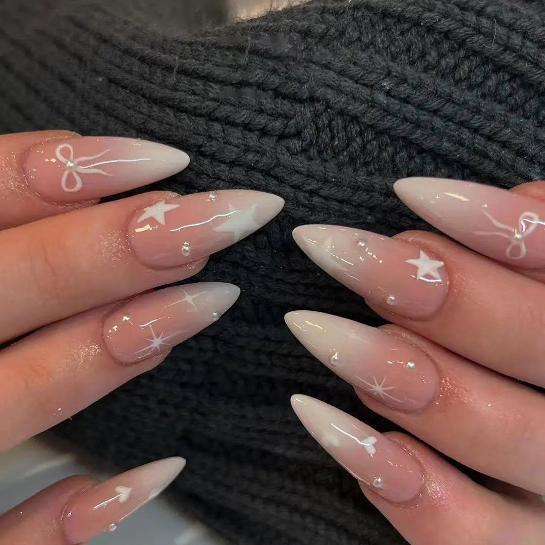 24pcs White French Press - On Nails — 3D Bowknot Full Cover Wearable Fake Nails for Women & Girls - Mzunye
