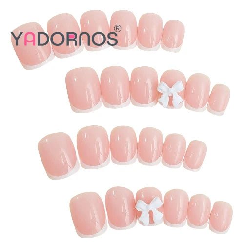 24pcs White French Press - On Nails — 3D Bowknot Full Cover Wearable Fake Nails for Women & Girls - Mzunye