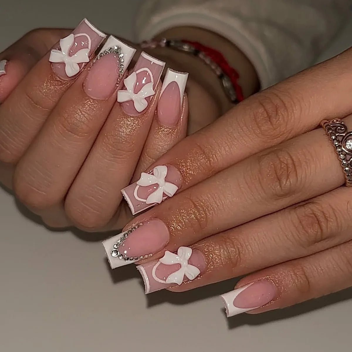 24pcs White French Press - On Nails — 3D Bowknot Full Cover Wearable Fake Nails for Women & Girls - Mzunye
