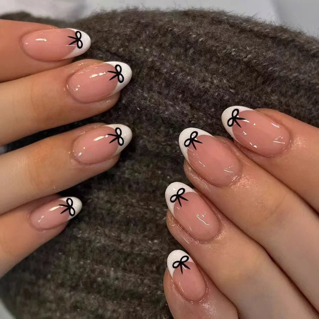 24pcs White French Press - On Nails — 3D Bowknot Full Cover Wearable Fake Nails for Women & Girls - Mzunye