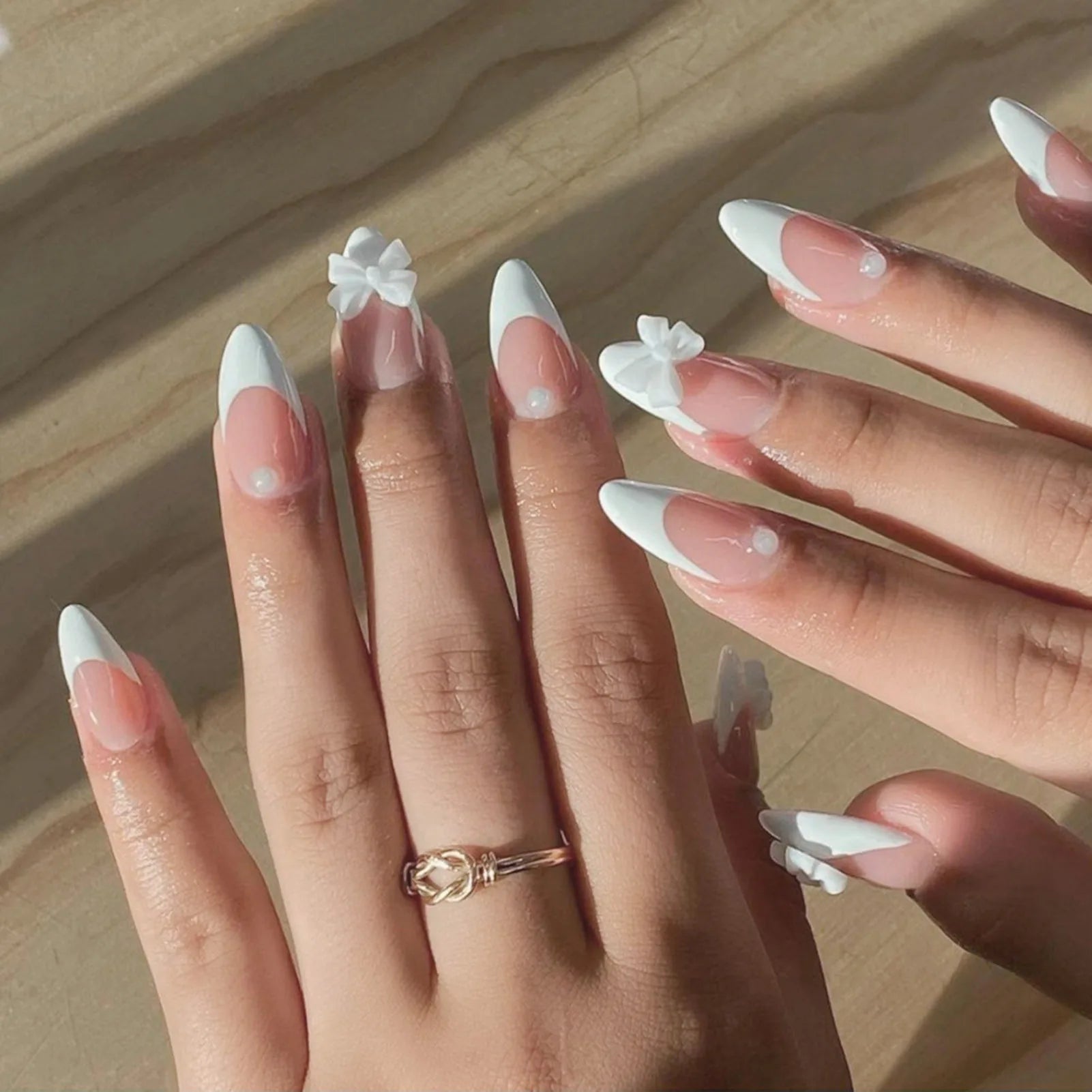 24pcs White French Press - On Nails — 3D Bowknot Full Cover Wearable Fake Nails for Women & Girls - Mzunye