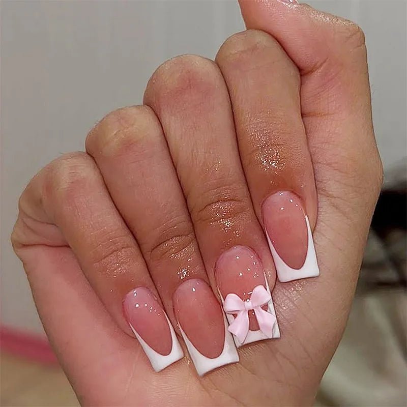 24pcs White French Press - On Nails — 3D Bowknot Full Cover Wearable Fake Nails for Women & Girls - Mzunye