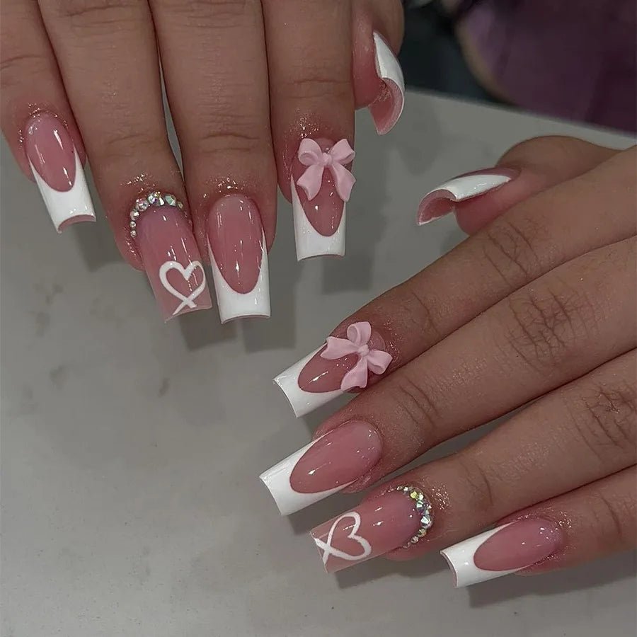 24pcs White French Press - On Nails — 3D Bowknot Full Cover Wearable Fake Nails for Women & Girls - Mzunye