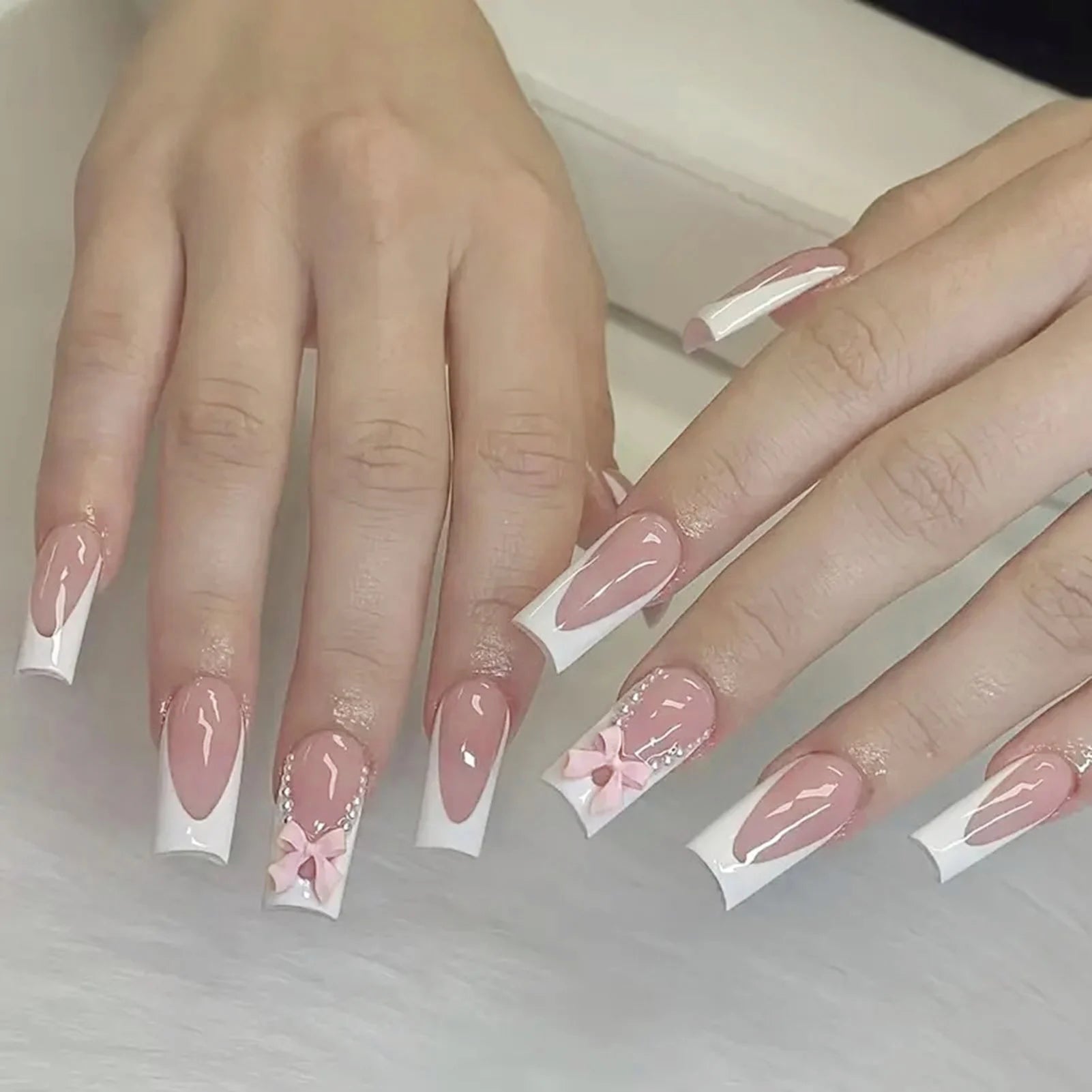 24pcs White French Press - On Nails — 3D Bowknot Full Cover Wearable Fake Nails for Women & Girls - Mzunye