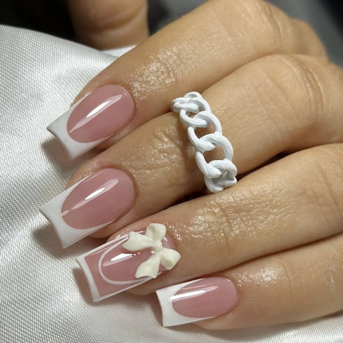 24pcs White French Press - On Nails — 3D Bowknot Full Cover Wearable Fake Nails for Women & Girls - Mzunye