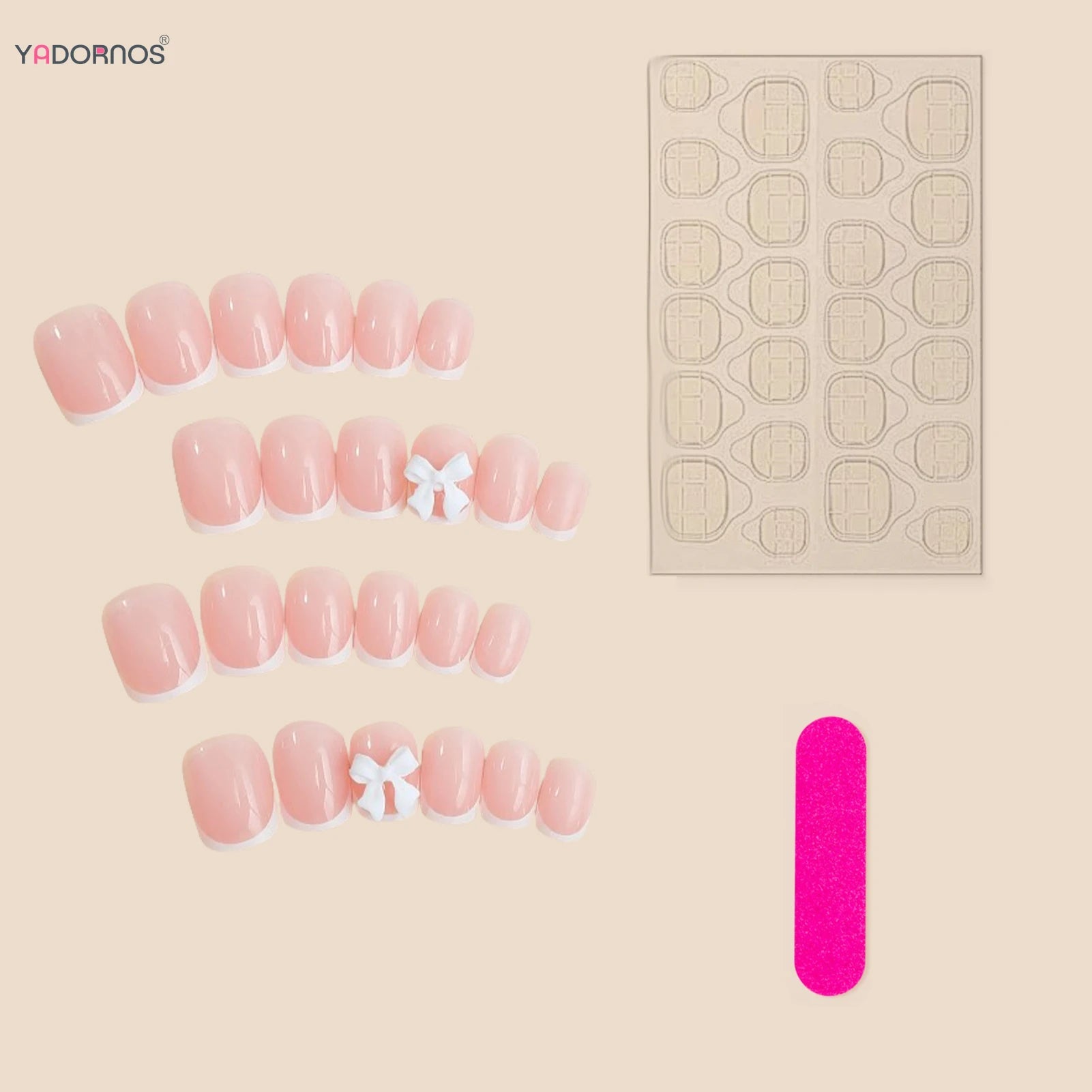 24pcs White French Press - On Nails — 3D Bowknot Full Cover Wearable Fake Nails for Women & Girls - Mzunye