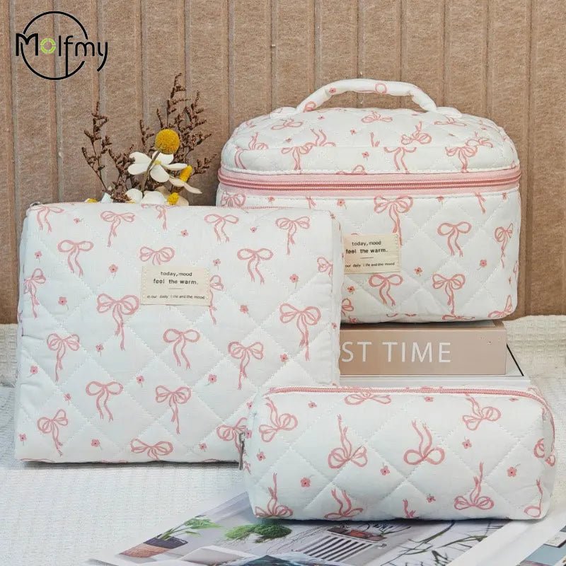 3PCS Quilted Bow Makeup Bag Set – Portable Cosmetic & Travel Organizer - Mzunye