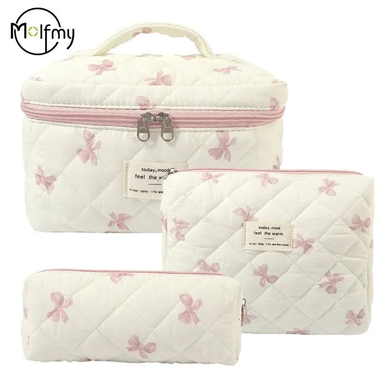 3PCS Quilted Bow Makeup Bag Set – Portable Cosmetic & Travel Organizer - Mzunye