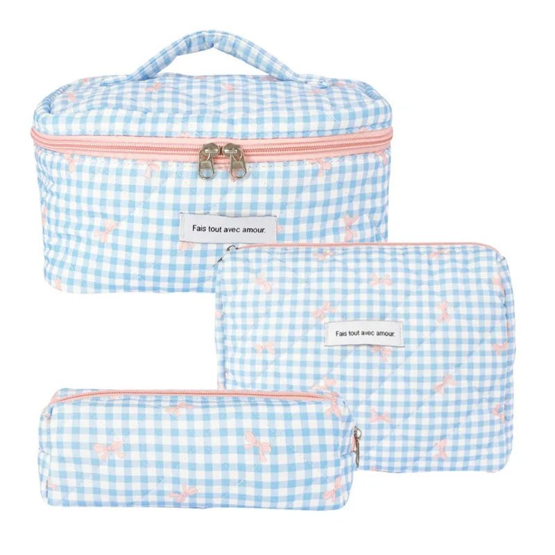 3PCS Quilted Bow Makeup Bag Set – Portable Cosmetic & Travel Organizer - Mzunye