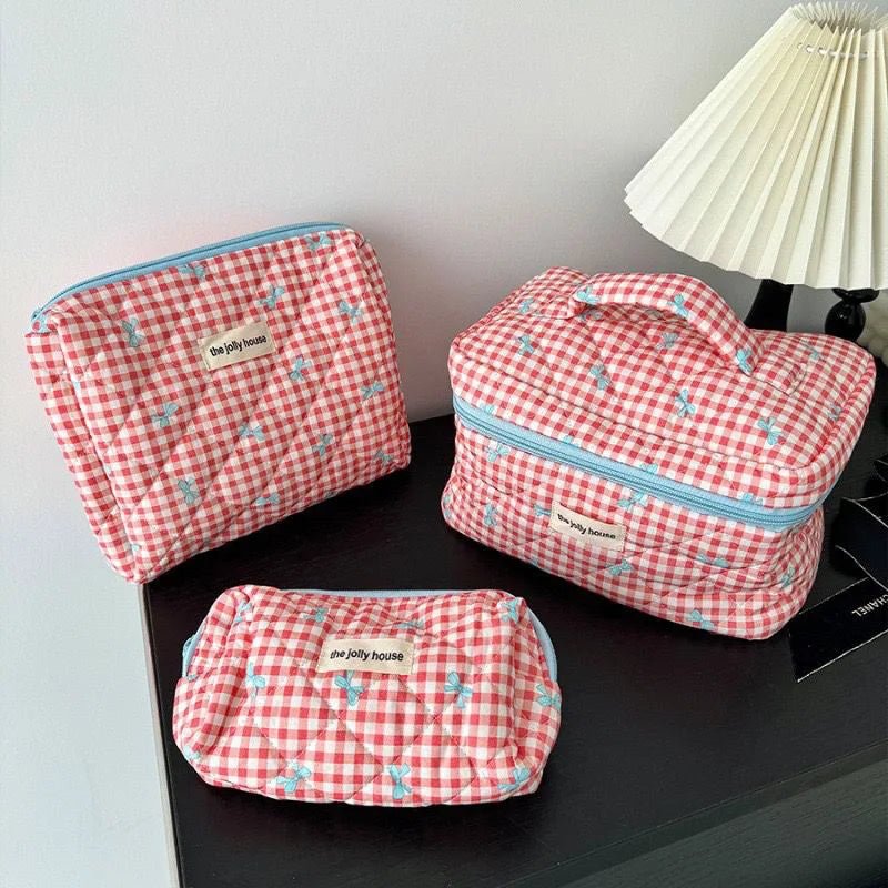 3PCS Quilted Bow Makeup Bag Set – Portable Cosmetic & Travel Organizer - Mzunye