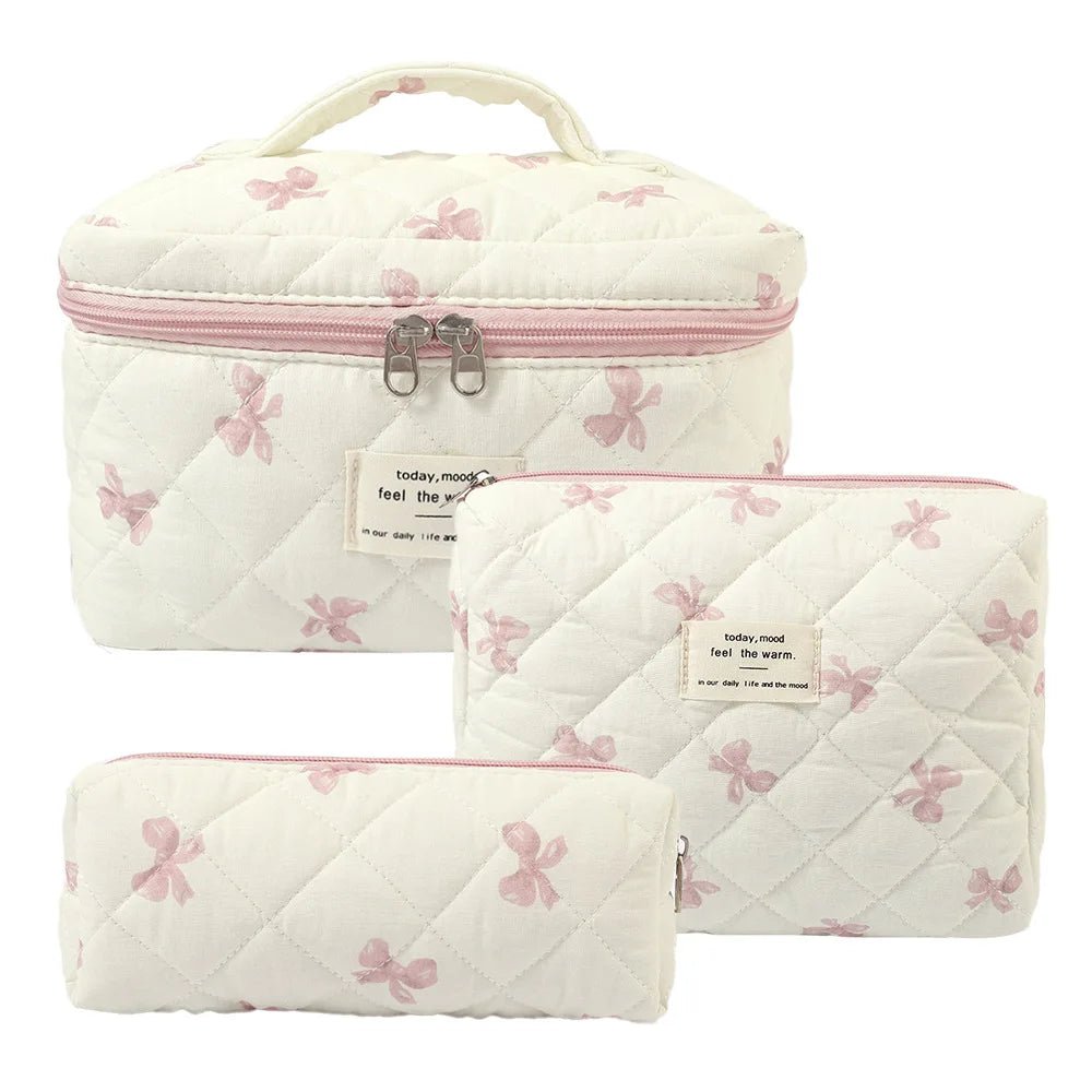 3PCS Quilted Bow Makeup Bag Set – Portable Cosmetic & Travel Organizer - Mzunye