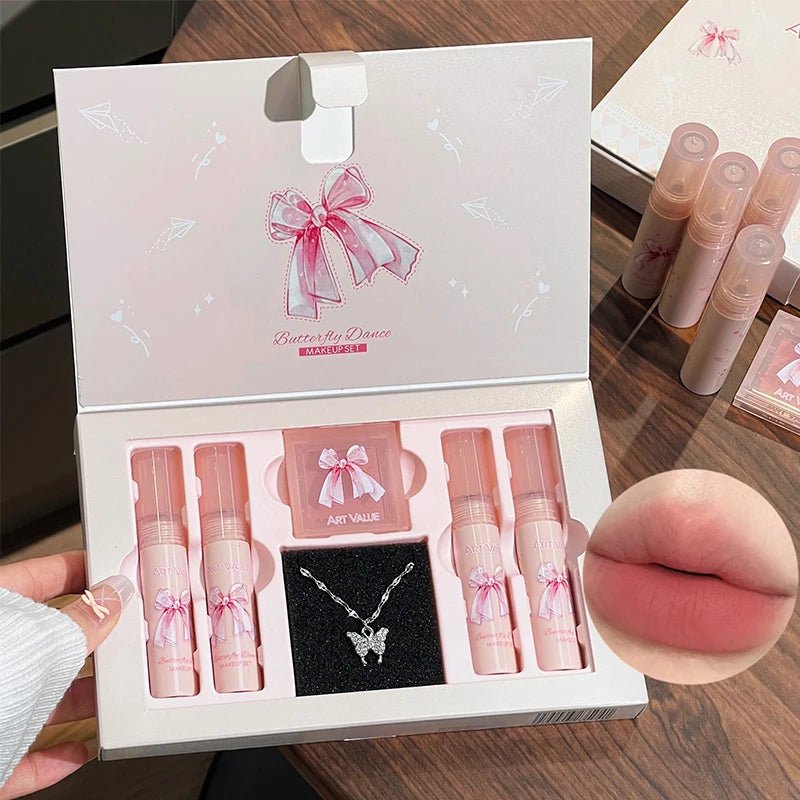 6 - Piece Matte Lip Gift Set — Velvet Lipstick, Lip Gloss & Blush with Necklace - Mzunye