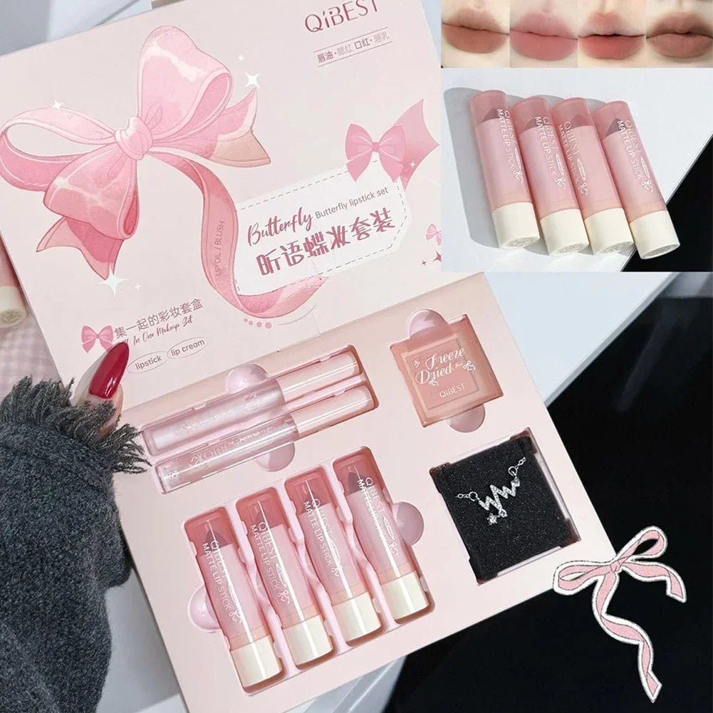 8 - Piece Velvet Lip & Blush Gift Set — Matte Liquid Lipstick, Blush Palette & Necklace - Mzunye